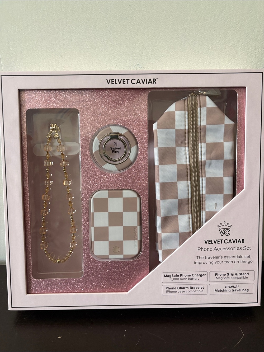 Velvet Caviar Pink and White Checker Phone Accessory Set